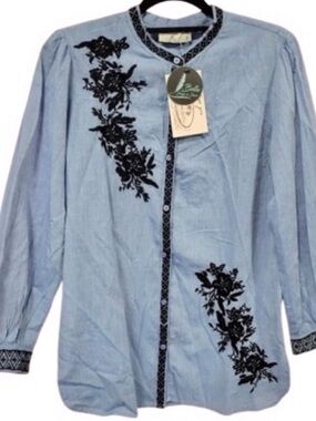 NWT 100% Cotton Embroidered VINTAGE GOA Shirt Top Blouse Boho Cottage Button Med